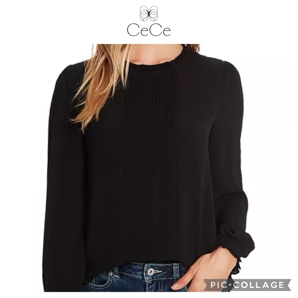 CeCe long sleeve black smocked plisse tunic blouse top size S NWT $79